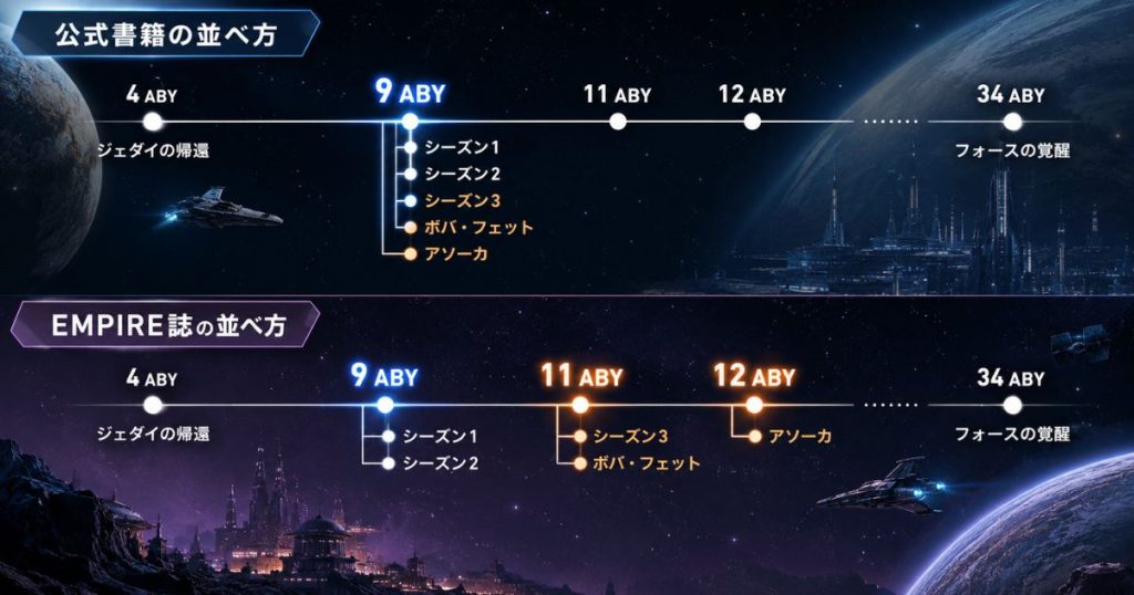 マンダロリアンの年を9 ABYとする公式書籍と11〜12 ABYとするEMPIRE誌の並べ方の比較