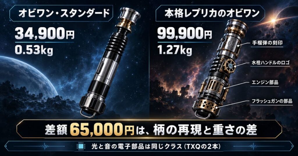 TXQセイバーズのオビワン・スタンダード34,900円と本格レプリカのオビワン99,900円を並べ、刻印やロゴを再現した柄の部品と重さの違いを示した比較図